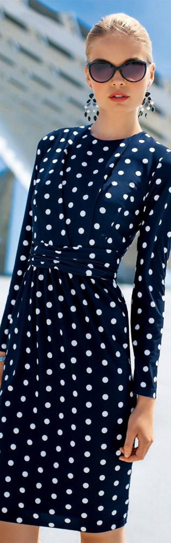long blue polka dot dress